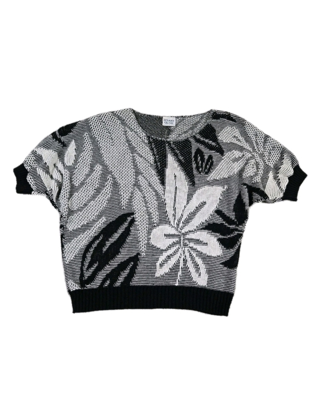 Vintage Barry & Me Top Black White Floral Knit Short Dolman Sleeve Shirt Y2k